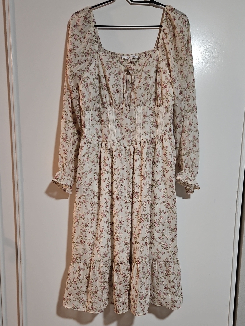 NWT Cute Celebrity Pink Floral Corset Waist Long Sleeve Midi Dress Size XL